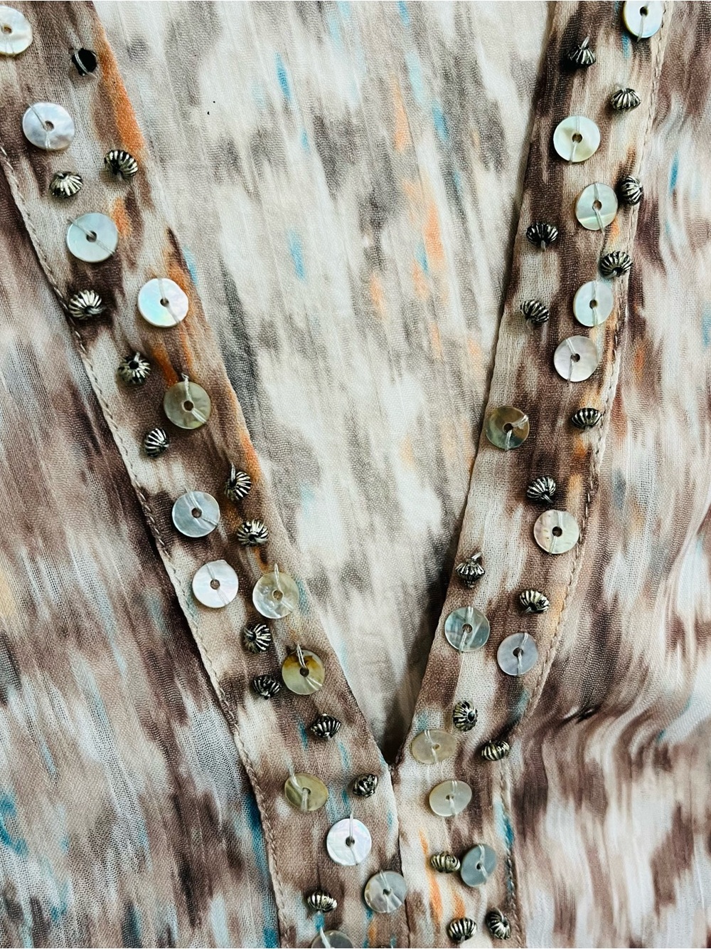 Chico’s Size 1 Medium Boho Tunic Top Beaded Sheer Lightweight
